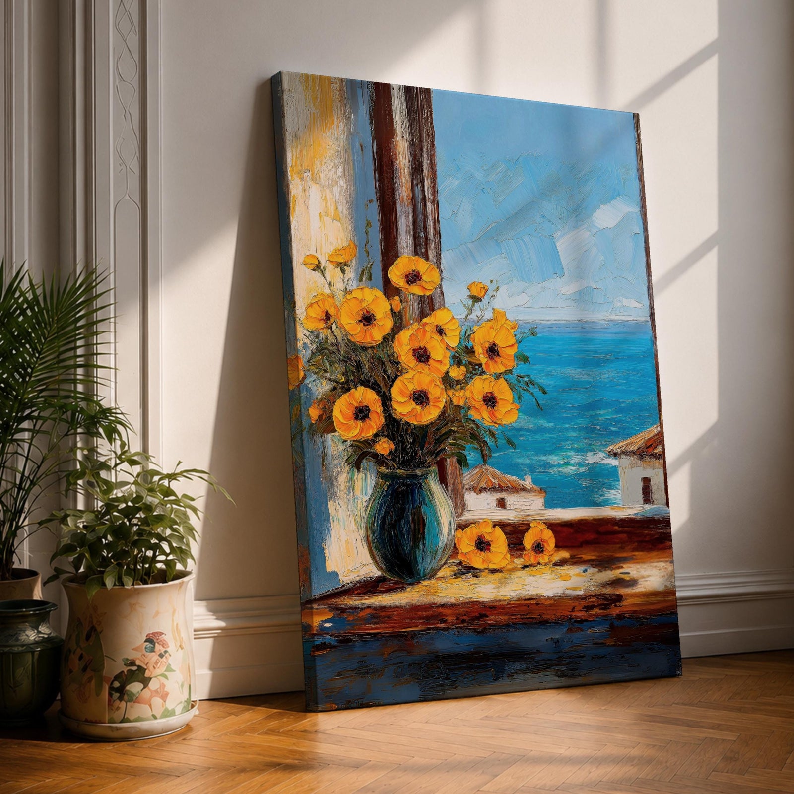 An impasto style painting of a sunflower bouquet in a blue vase set on a windowsill overlooking a bright blue sea and white Mediterranean buildings, capturing vibrant floral details with textured brushstrokes and a coastal landscape background.