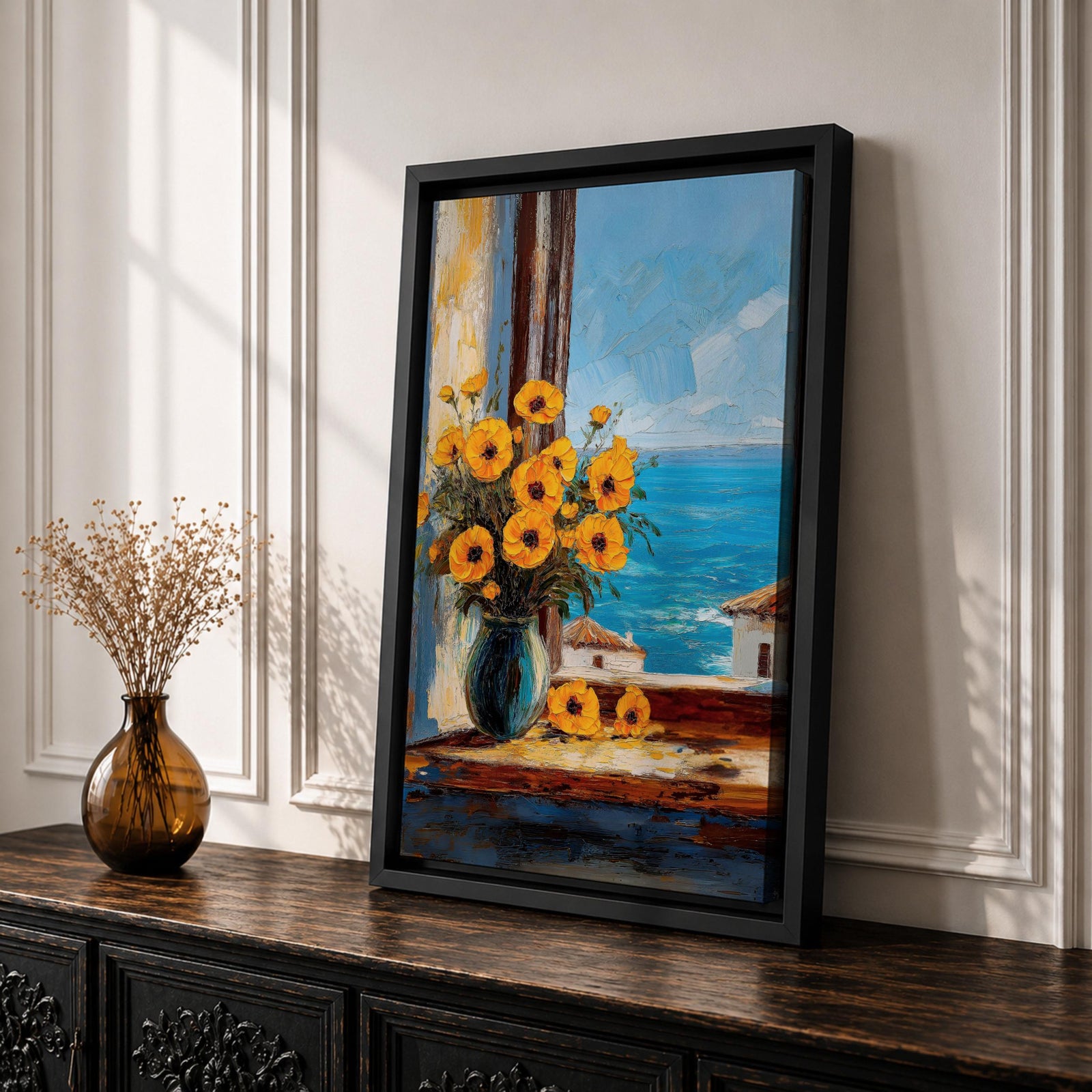 An impasto style painting of a sunflower bouquet in a blue vase set on a windowsill overlooking a bright blue sea and white Mediterranean buildings, capturing vibrant floral details with textured brushstrokes and a coastal landscape background.