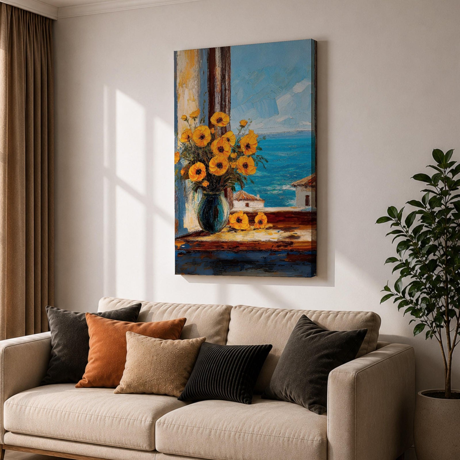 An impasto style painting of a sunflower bouquet in a blue vase set on a windowsill overlooking a bright blue sea and white Mediterranean buildings, capturing vibrant floral details with textured brushstrokes and a coastal landscape background.