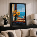 An impasto style painting of a sunflower bouquet in a blue vase set on a windowsill overlooking a bright blue sea and white Mediterranean buildings, capturing vibrant floral details with textured brushstrokes and a coastal landscape background.