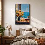 An impasto style painting of a sunflower bouquet in a blue vase set on a windowsill overlooking a bright blue sea and white Mediterranean buildings, capturing vibrant floral details with textured brushstrokes and a coastal landscape background.