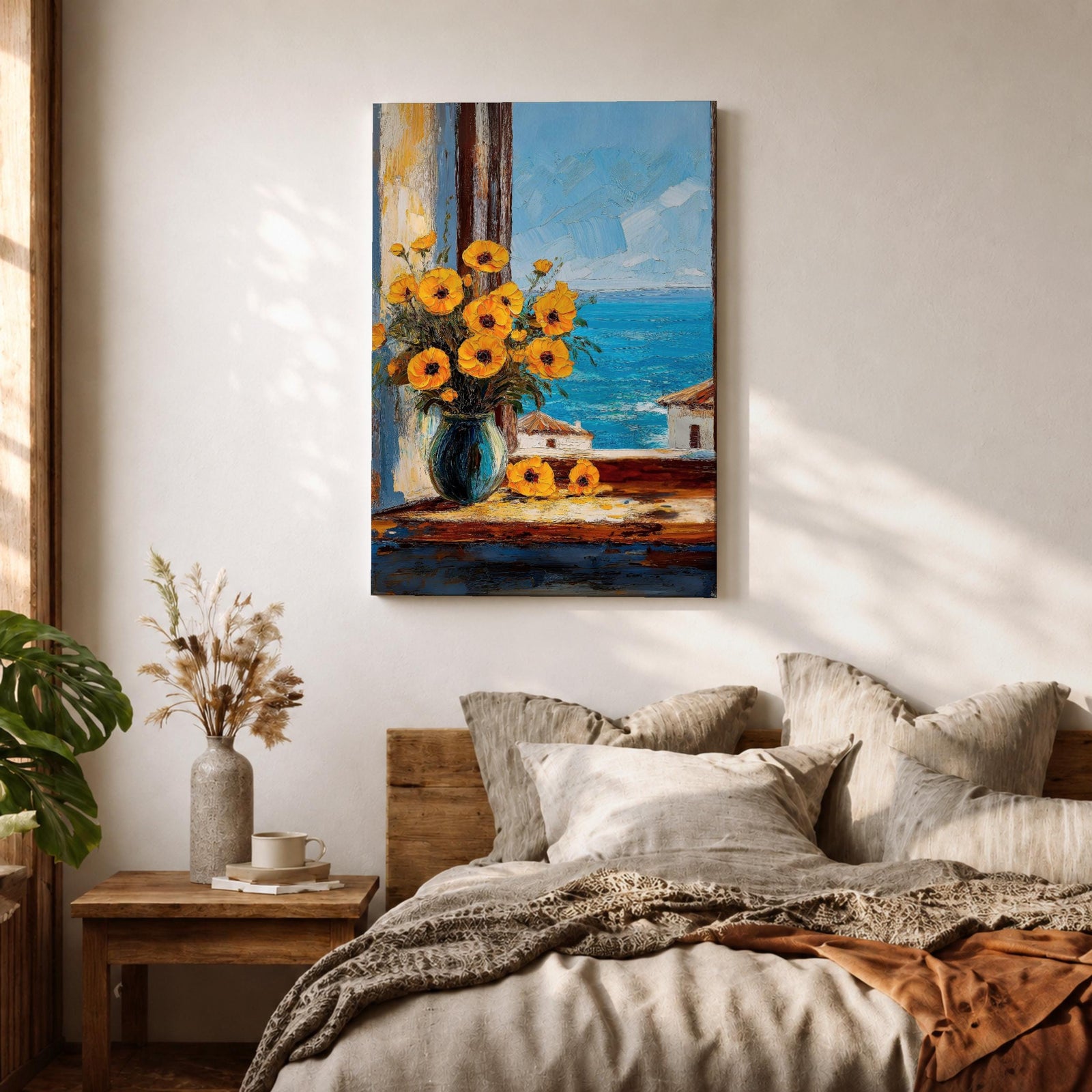 An impasto style painting of a sunflower bouquet in a blue vase set on a windowsill overlooking a bright blue sea and white Mediterranean buildings, capturing vibrant floral details with textured brushstrokes and a coastal landscape background.