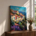 This impasto style painting depicts a vibrant Mediterranean village with terracotta-roofed houses clustered on a hillside surrounded by lush greenery and colorful flowers, set against a bright blue sky and distant mountains, capturing the charm and warmth of a coastal landscape.
