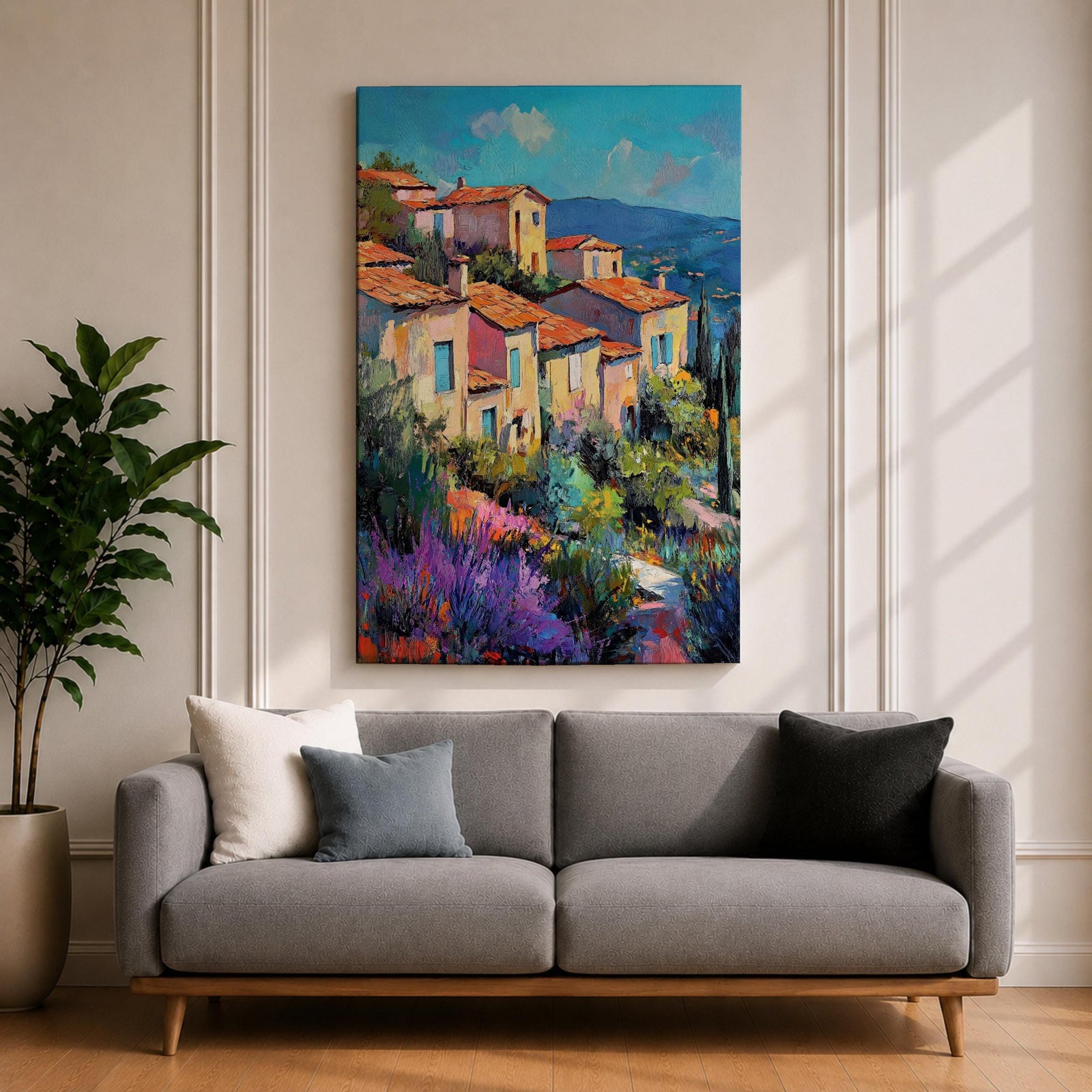 This impasto style painting depicts a vibrant Mediterranean village with terracotta-roofed houses clustered on a hillside surrounded by lush greenery and colorful flowers, set against a bright blue sky and distant mountains, capturing the charm and warmth of a coastal landscape.