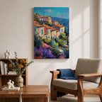 This impasto style painting depicts a vibrant Mediterranean village with terracotta-roofed houses clustered on a hillside surrounded by lush greenery and colorful flowers, set against a bright blue sky and distant mountains, capturing the charm and warmth of a coastal landscape.