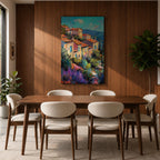 This impasto style painting depicts a vibrant Mediterranean village with terracotta-roofed houses clustered on a hillside surrounded by lush greenery and colorful flowers, set against a bright blue sky and distant mountains, capturing the charm and warmth of a coastal landscape.