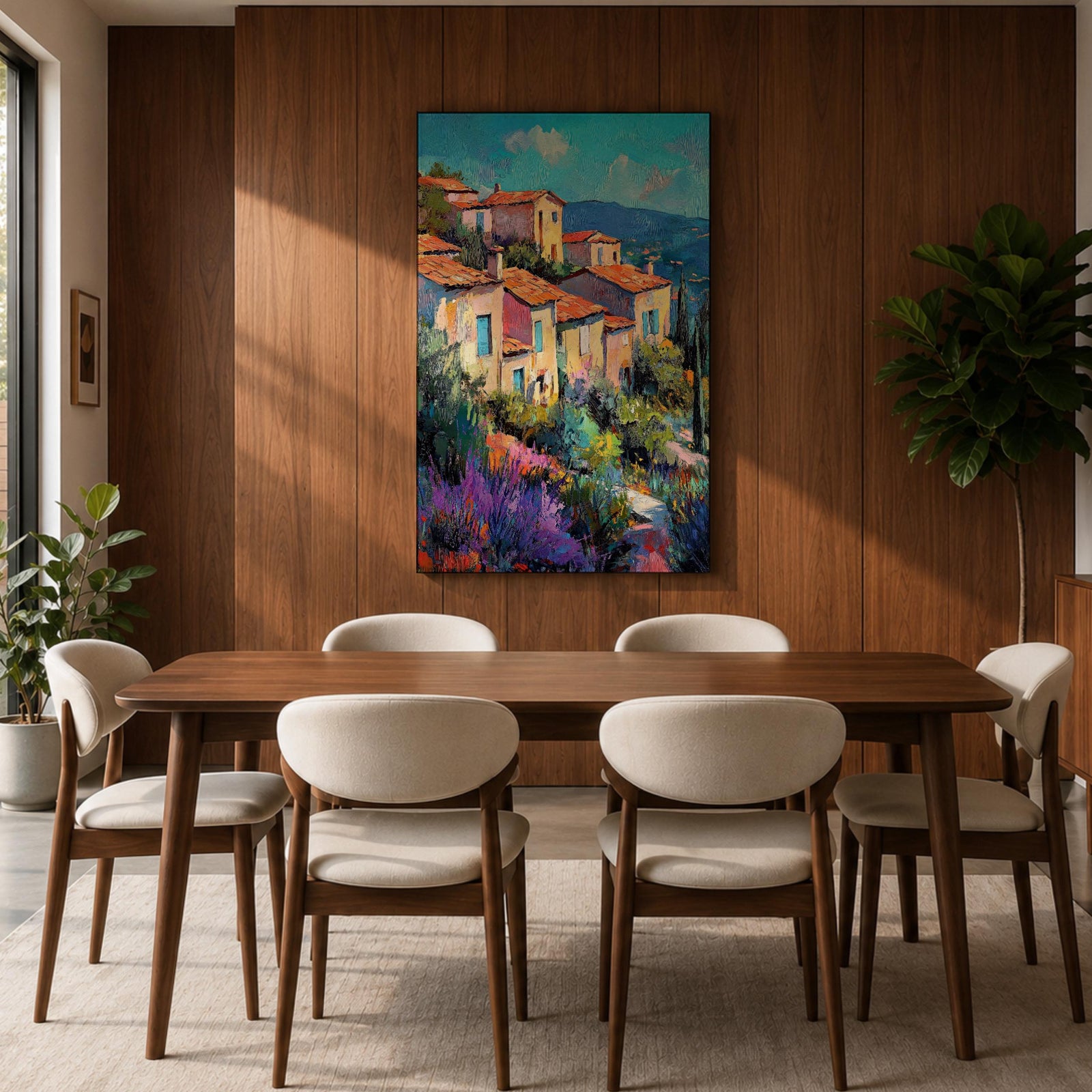 This impasto style painting depicts a vibrant Mediterranean village with terracotta-roofed houses clustered on a hillside surrounded by lush greenery and colorful flowers, set against a bright blue sky and distant mountains, capturing the charm and warmth of a coastal landscape.