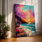 An impasto style framed canvas depicting a vibrant beach sunset with colorful sky, waves crashing on the shore, and blooming flowers in the foreground, capturing a coastal seascape landscape scene with textured brushstrokes and bold colors.