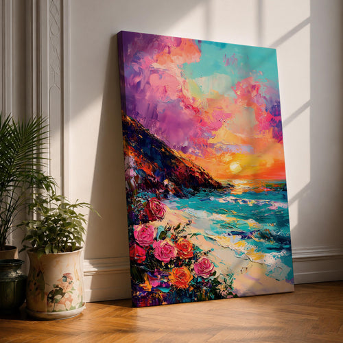 An impasto style framed canvas depicting a vibrant beach sunset with colorful sky, waves crashing on the shore, and blooming flowers in the foreground, capturing a coastal seascape landscape scene with textured brushstrokes and bold colors.