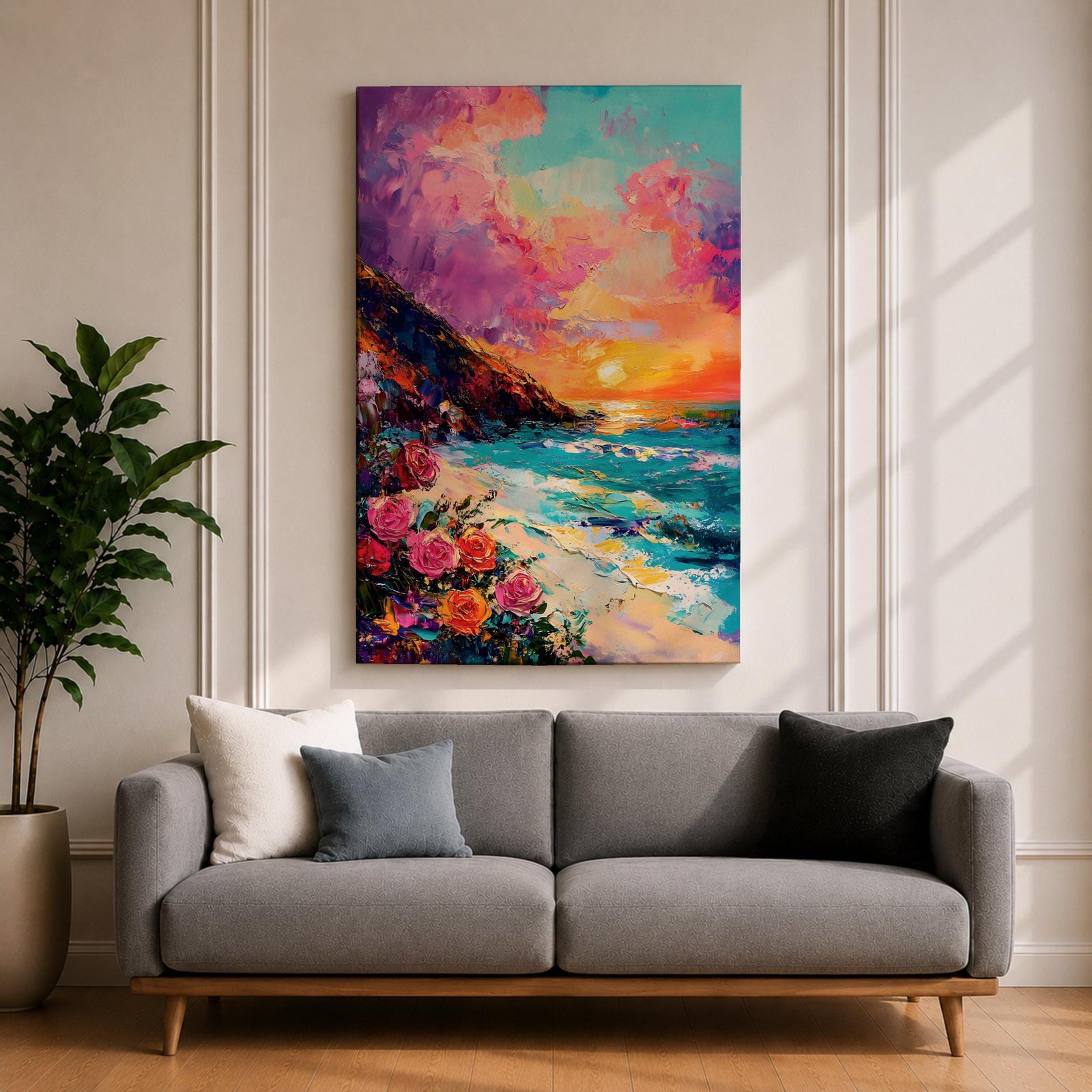 An impasto style framed canvas depicting a vibrant beach sunset with colorful sky, waves crashing on the shore, and blooming flowers in the foreground, capturing a coastal seascape landscape scene with textured brushstrokes and bold colors.