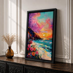 An impasto style framed canvas depicting a vibrant beach sunset with colorful sky, waves crashing on the shore, and blooming flowers in the foreground, capturing a coastal seascape landscape scene with textured brushstrokes and bold colors.