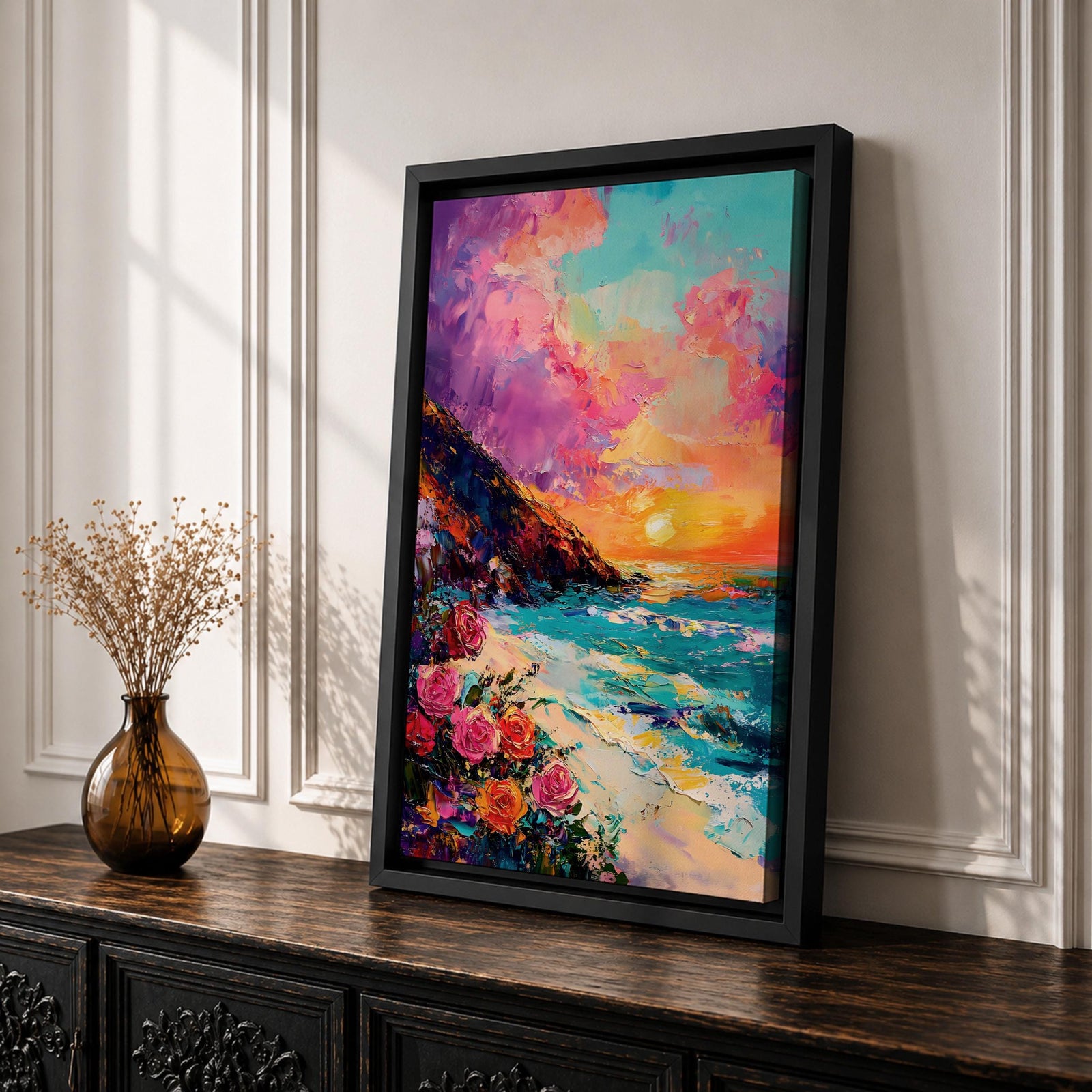 An impasto style framed canvas depicting a vibrant beach sunset with colorful sky, waves crashing on the shore, and blooming flowers in the foreground, capturing a coastal seascape landscape scene with textured brushstrokes and bold colors.