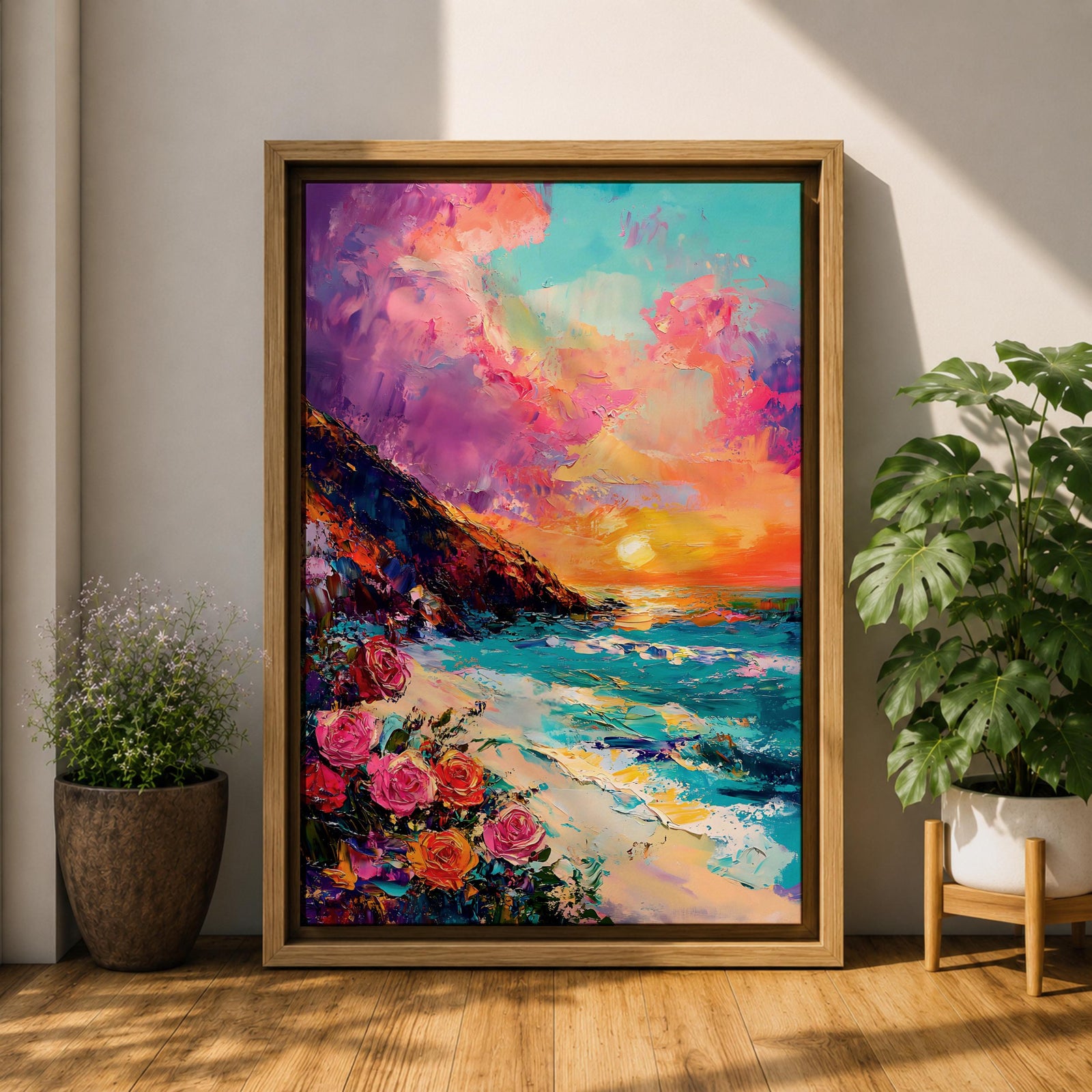 An impasto style framed canvas depicting a vibrant beach sunset with colorful sky, waves crashing on the shore, and blooming flowers in the foreground, capturing a coastal seascape landscape scene with textured brushstrokes and bold colors.