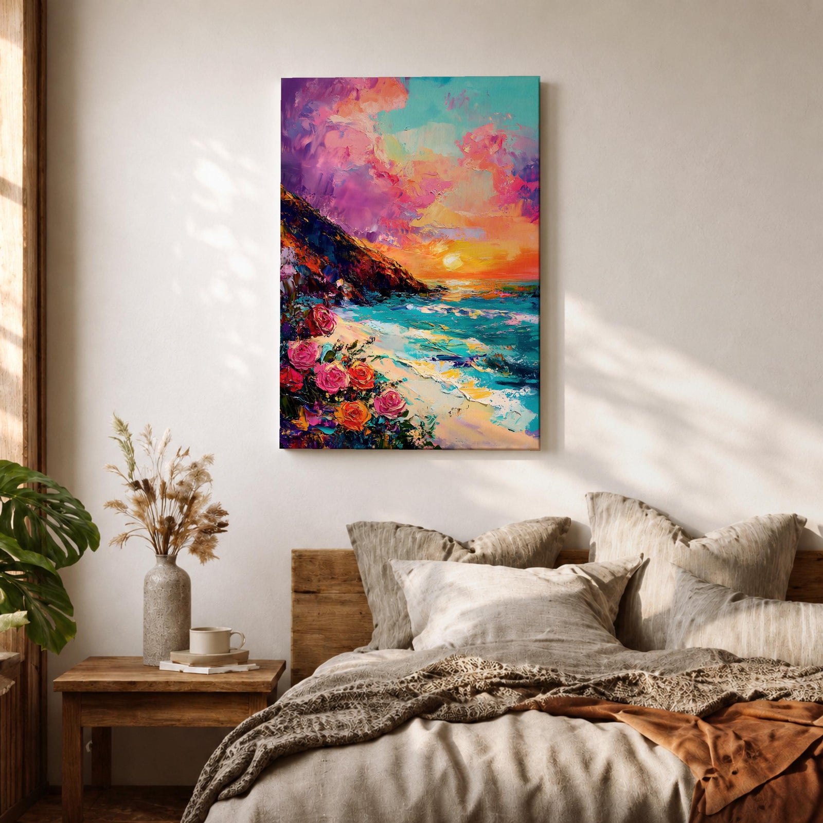An impasto style framed canvas depicting a vibrant beach sunset with colorful sky, waves crashing on the shore, and blooming flowers in the foreground, capturing a coastal seascape landscape scene with textured brushstrokes and bold colors.