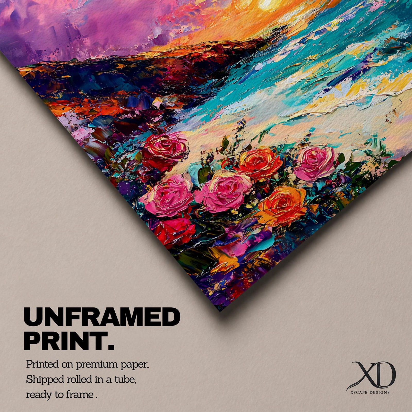 An impasto style framed canvas depicting a vibrant beach sunset with colorful sky, waves crashing on the shore, and blooming flowers in the foreground, capturing a coastal seascape landscape scene with textured brushstrokes and bold colors.