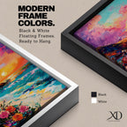 An impasto style framed canvas depicting a vibrant beach sunset with colorful sky, waves crashing on the shore, and blooming flowers in the foreground, capturing a coastal seascape landscape scene with textured brushstrokes and bold colors.