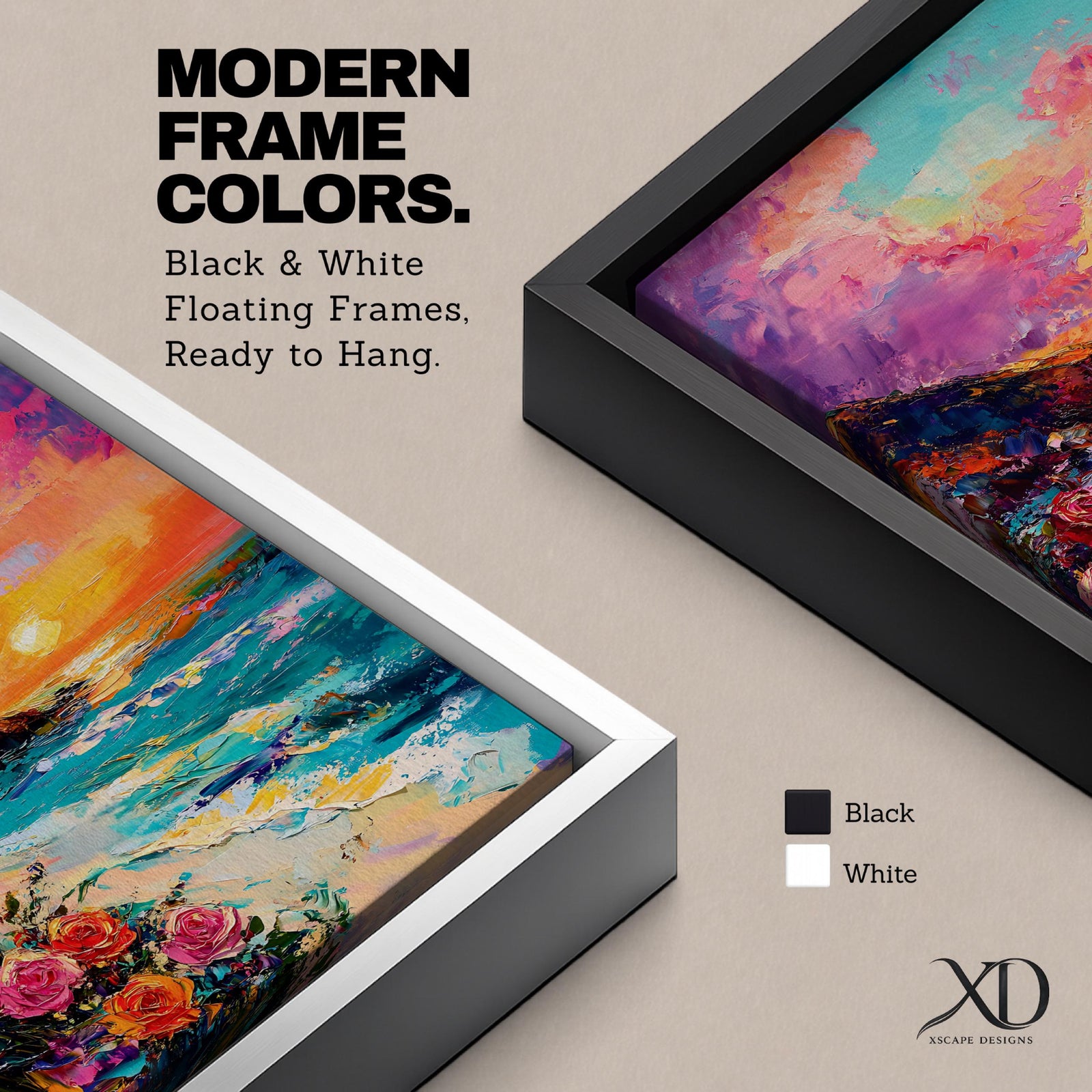 An impasto style framed canvas depicting a vibrant beach sunset with colorful sky, waves crashing on the shore, and blooming flowers in the foreground, capturing a coastal seascape landscape scene with textured brushstrokes and bold colors.