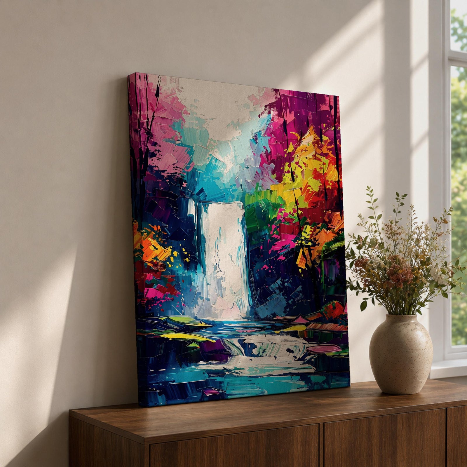 A vibrant impasto style painting of a waterfall surrounded by colorful autumn forest foliage. The artwork features thick textured brushstrokes with bold colors depicting a flowing waterfall cascading into a reflective pool, framed by dense trees in warm autumn hues.