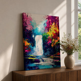 A vibrant impasto style painting of a waterfall surrounded by colorful autumn forest foliage. The artwork features thick textured brushstrokes with bold colors depicting a flowing waterfall cascading into a reflective pool, framed by dense trees in warm autumn hues.