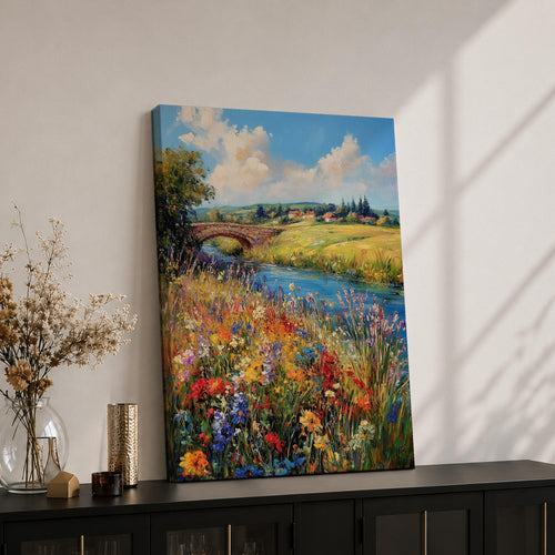 A vibrant countryside landscape painting depicting a rustic stone bridge over a flowing river surrounded by colorful wildflowers and lush greenery under a bright blue sky with fluffy clouds, rendered in a detailed naturalistic style.