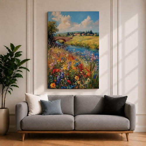 A vibrant countryside landscape painting depicting a rustic stone bridge over a flowing river surrounded by colorful wildflowers and lush greenery under a bright blue sky with fluffy clouds, rendered in a detailed naturalistic style.