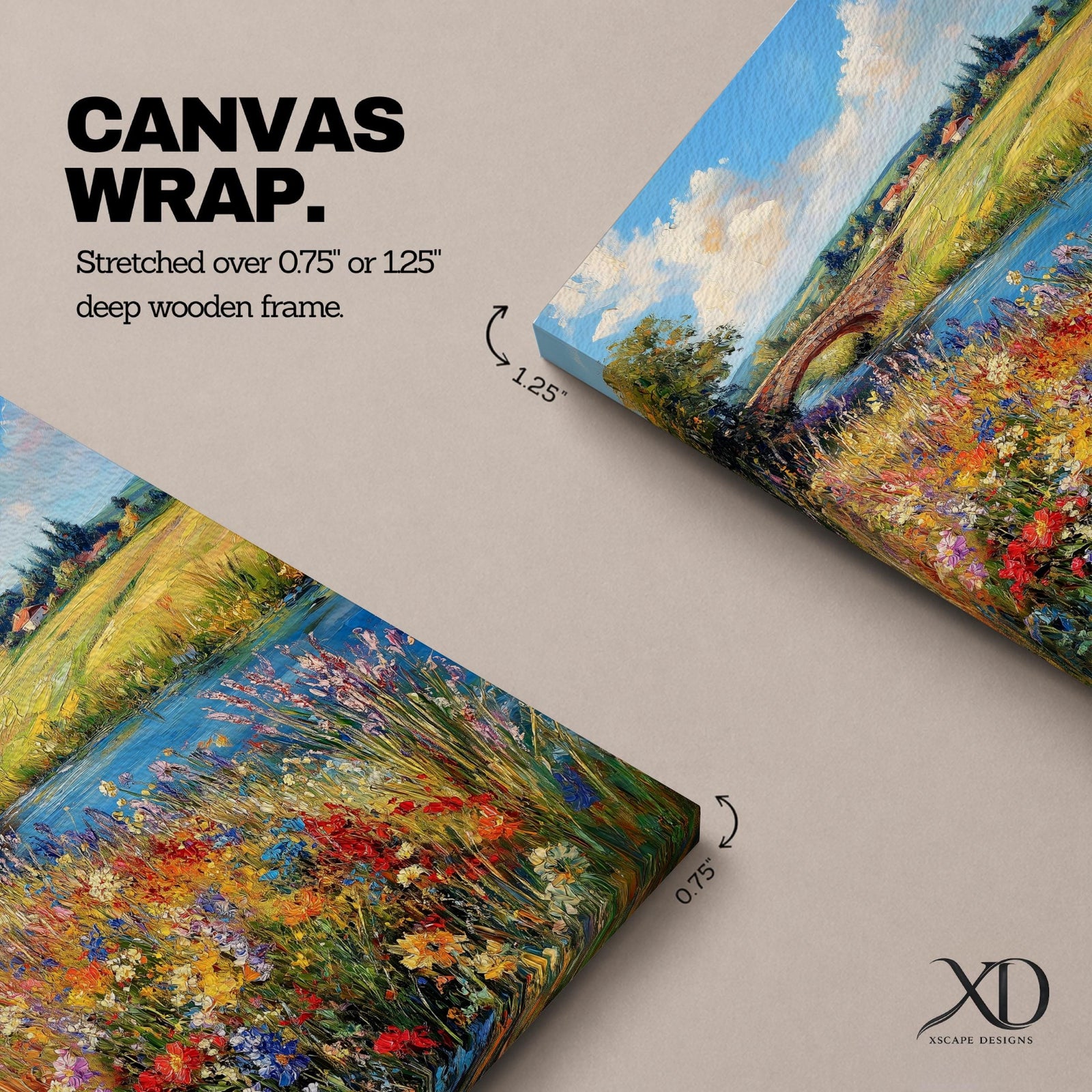 A vibrant countryside landscape painting depicting a rustic stone bridge over a flowing river surrounded by colorful wildflowers and lush greenery under a bright blue sky with fluffy clouds, rendered in a detailed naturalistic style.