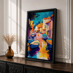 This vibrant abstract painting depicts a Venice canal scene with colorful boats and buildings lining the waterway. The composition uses bold brush strokes and vivid colors to create an expressive cityscape capturing the lively essence of Venice’s waterways.