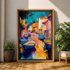 This vibrant abstract painting depicts a Venice canal scene with colorful boats and buildings lining the waterway. The composition uses bold brush strokes and vivid colors to create an expressive cityscape capturing the lively essence of Venice’s waterways.