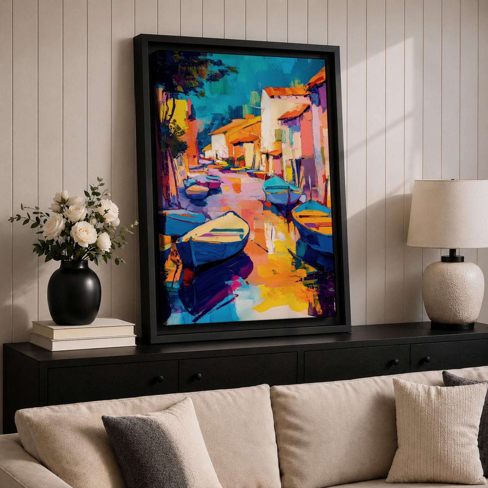 This vibrant abstract painting depicts a Venice canal scene with colorful boats and buildings lining the waterway. The composition uses bold brush strokes and vivid colors to create an expressive cityscape capturing the lively essence of Venice’s waterways.