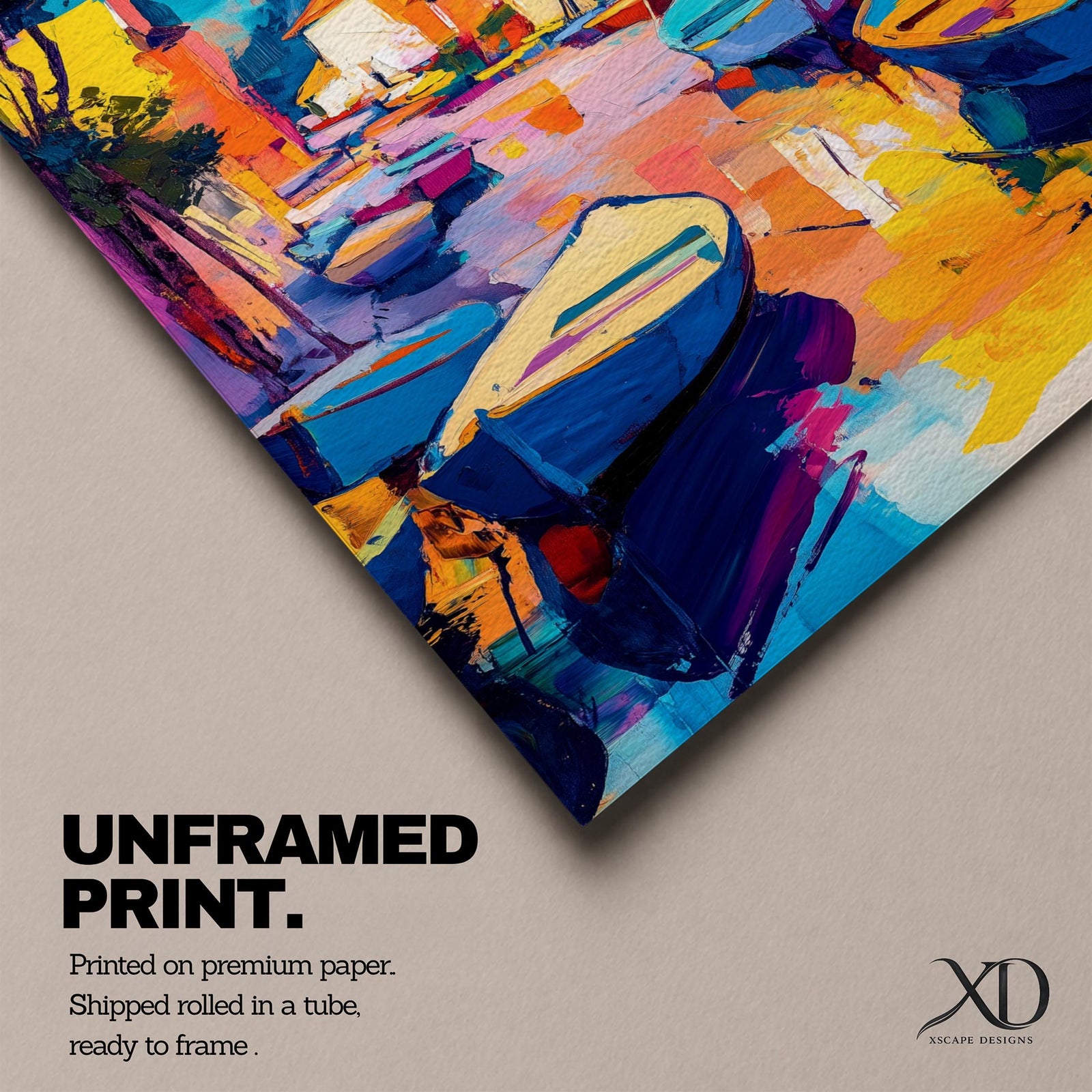 This vibrant abstract painting depicts a Venice canal scene with colorful boats and buildings lining the waterway. The composition uses bold brush strokes and vivid colors to create an expressive cityscape capturing the lively essence of Venice’s waterways.
