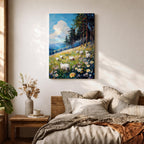 This impasto style framed canvas depicts a scenic landscape of sheep grazing in a meadow filled with wildflowers, bordered by tall trees and distant mountains under a bright blue sky with fluffy clouds, rendered with thick textured brushstrokes that emphasize the natural rustic setting.