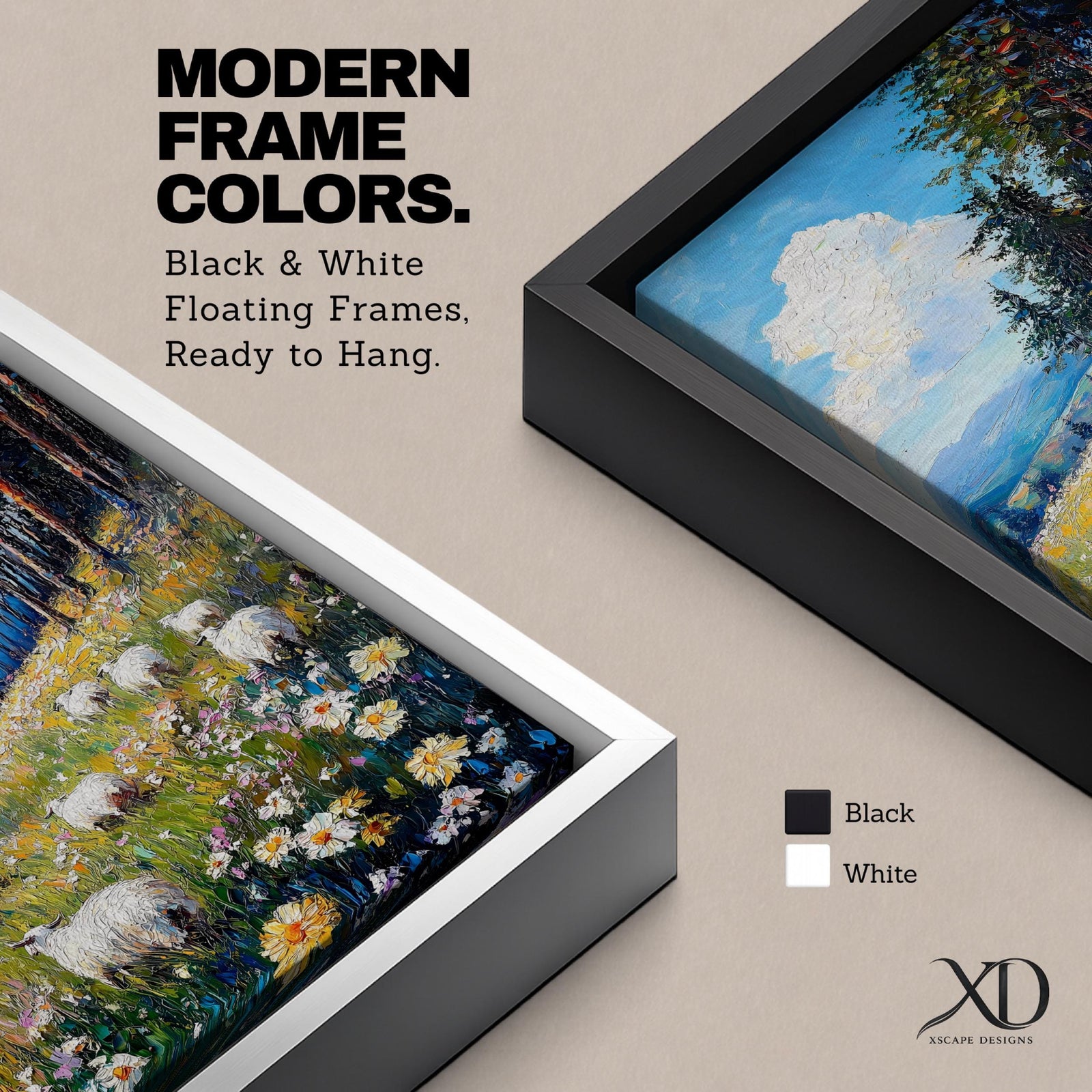 This impasto style framed canvas depicts a scenic landscape of sheep grazing in a meadow filled with wildflowers, bordered by tall trees and distant mountains under a bright blue sky with fluffy clouds, rendered with thick textured brushstrokes that emphasize the natural rustic setting.