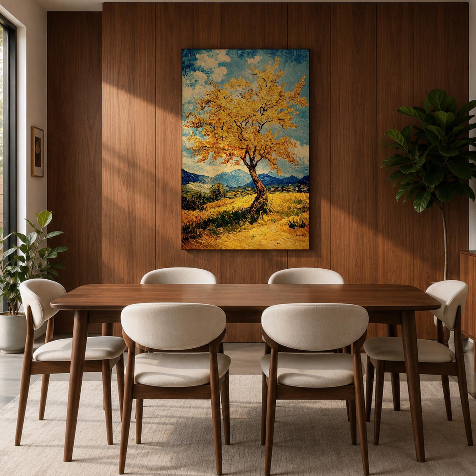 An impasto style painting of a golden tree with vibrant yellow leaves standing alone in a rustic landscape with rolling hills and distant mountains under a partly cloudy blue sky. The textured brushstrokes create a rich, tactile effect emphasizing the natural beauty of the tree and countryside.