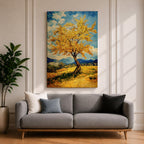 An impasto style painting of a golden tree with vibrant yellow leaves standing alone in a rustic landscape with rolling hills and distant mountains under a partly cloudy blue sky. The textured brushstrokes create a rich, tactile effect emphasizing the natural beauty of the tree and countryside.