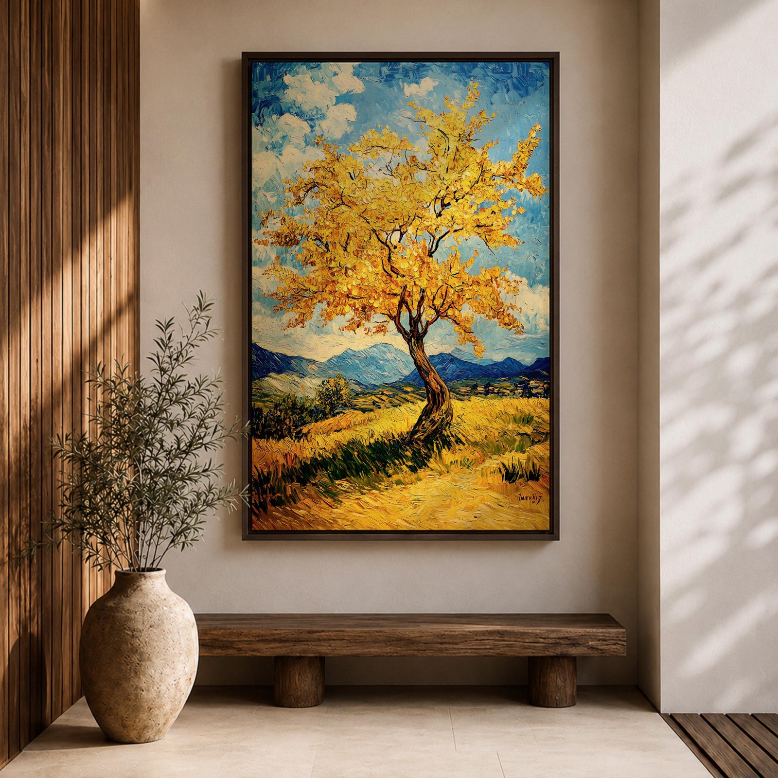 An impasto style painting of a golden tree with vibrant yellow leaves standing alone in a rustic landscape with rolling hills and distant mountains under a partly cloudy blue sky. The textured brushstrokes create a rich, tactile effect emphasizing the natural beauty of the tree and countryside.