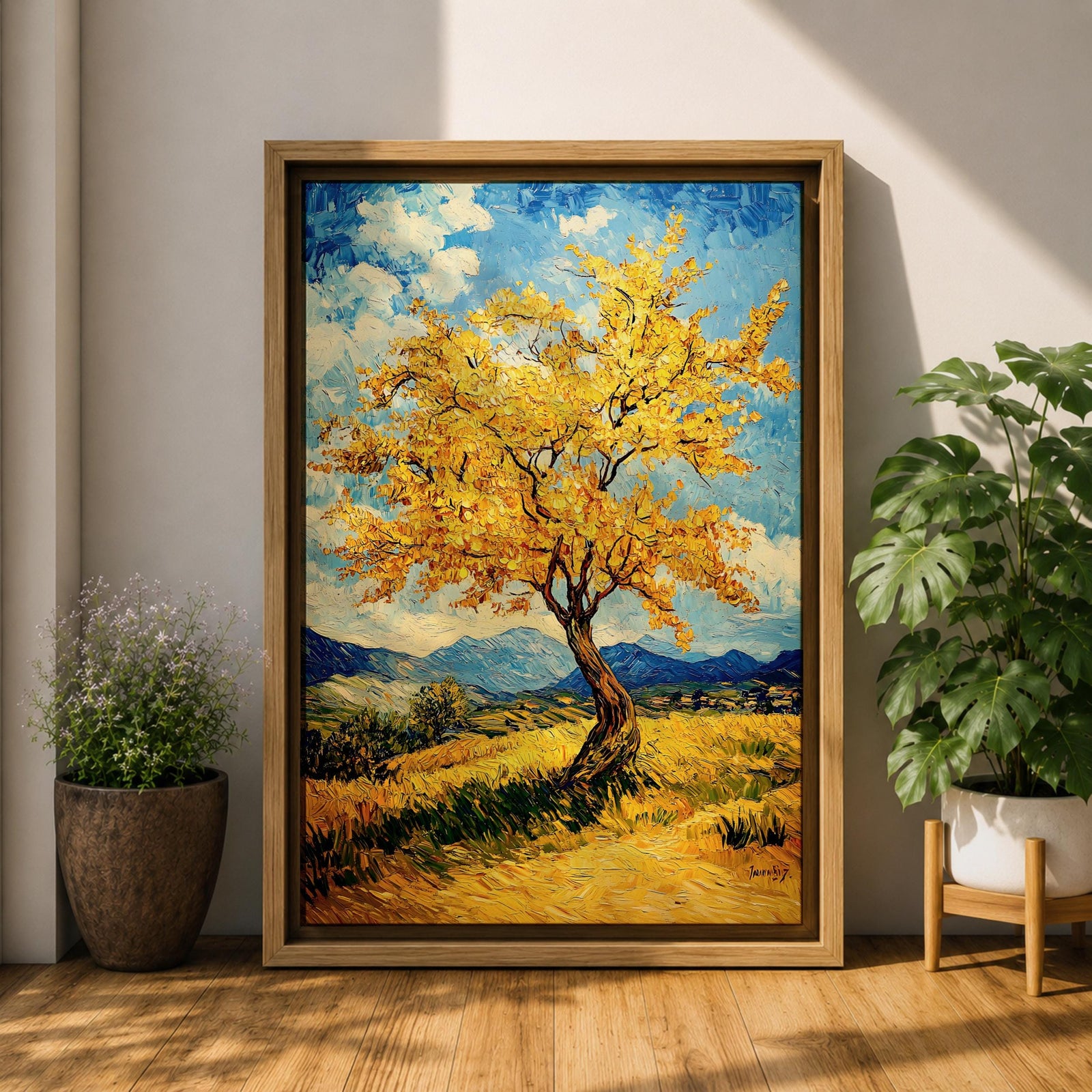 An impasto style painting of a golden tree with vibrant yellow leaves standing alone in a rustic landscape with rolling hills and distant mountains under a partly cloudy blue sky. The textured brushstrokes create a rich, tactile effect emphasizing the natural beauty of the tree and countryside.