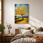 An impasto style painting of a golden tree with vibrant yellow leaves standing alone in a rustic landscape with rolling hills and distant mountains under a partly cloudy blue sky. The textured brushstrokes create a rich, tactile effect emphasizing the natural beauty of the tree and countryside.