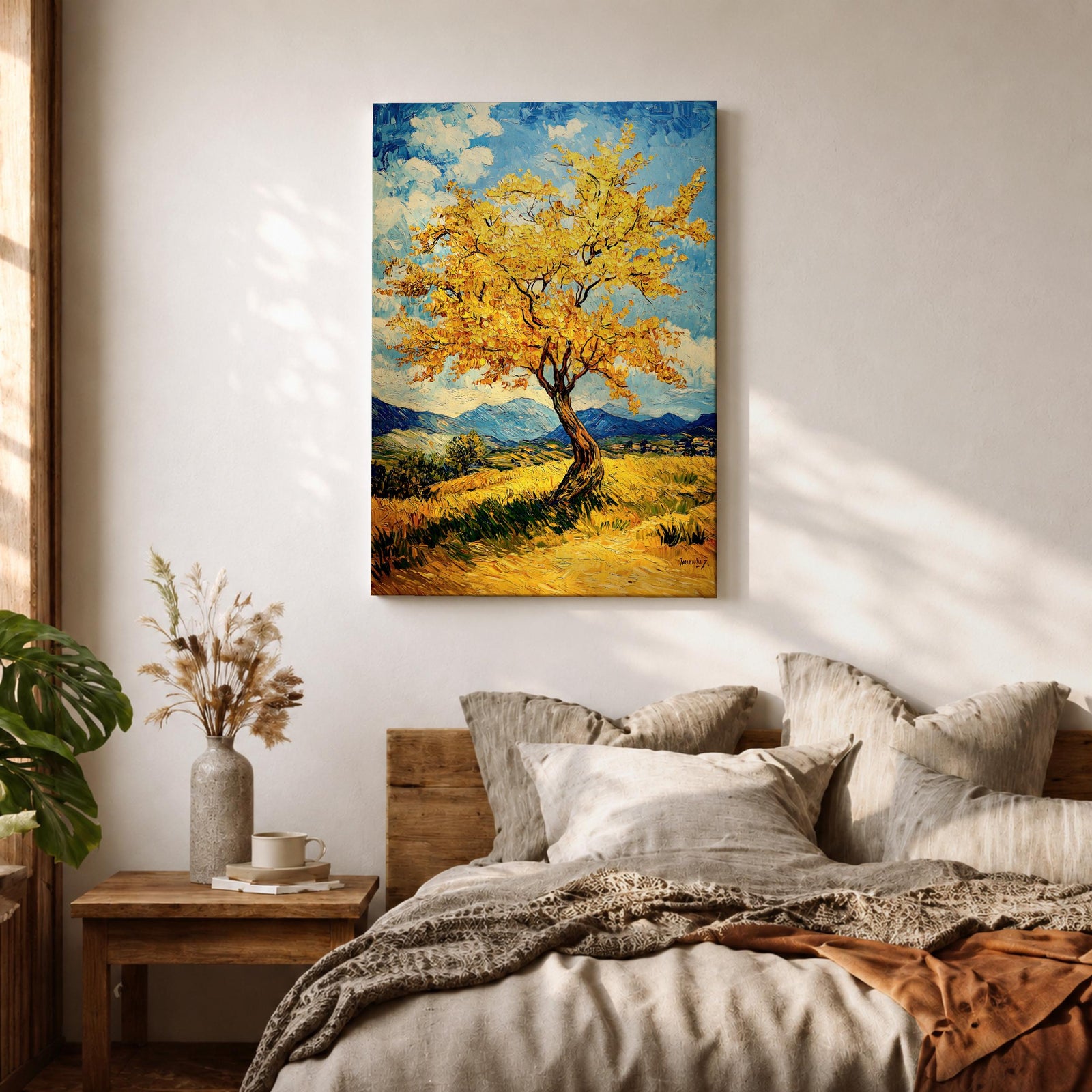 An impasto style painting of a golden tree with vibrant yellow leaves standing alone in a rustic landscape with rolling hills and distant mountains under a partly cloudy blue sky. The textured brushstrokes create a rich, tactile effect emphasizing the natural beauty of the tree and countryside.