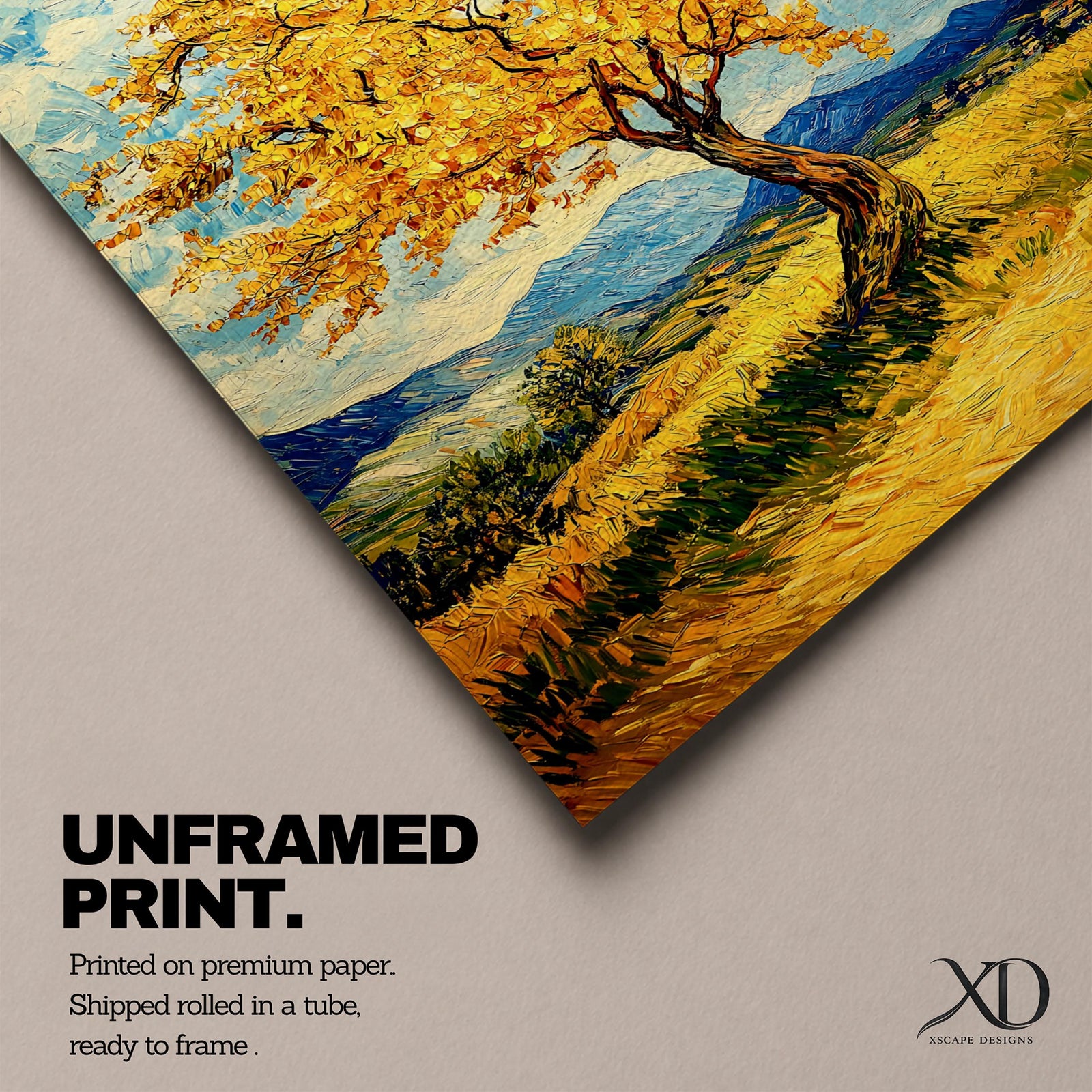 An impasto style painting of a golden tree with vibrant yellow leaves standing alone in a rustic landscape with rolling hills and distant mountains under a partly cloudy blue sky. The textured brushstrokes create a rich, tactile effect emphasizing the natural beauty of the tree and countryside.