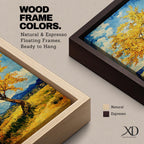 An impasto style painting of a golden tree with vibrant yellow leaves standing alone in a rustic landscape with rolling hills and distant mountains under a partly cloudy blue sky. The textured brushstrokes create a rich, tactile effect emphasizing the natural beauty of the tree and countryside.