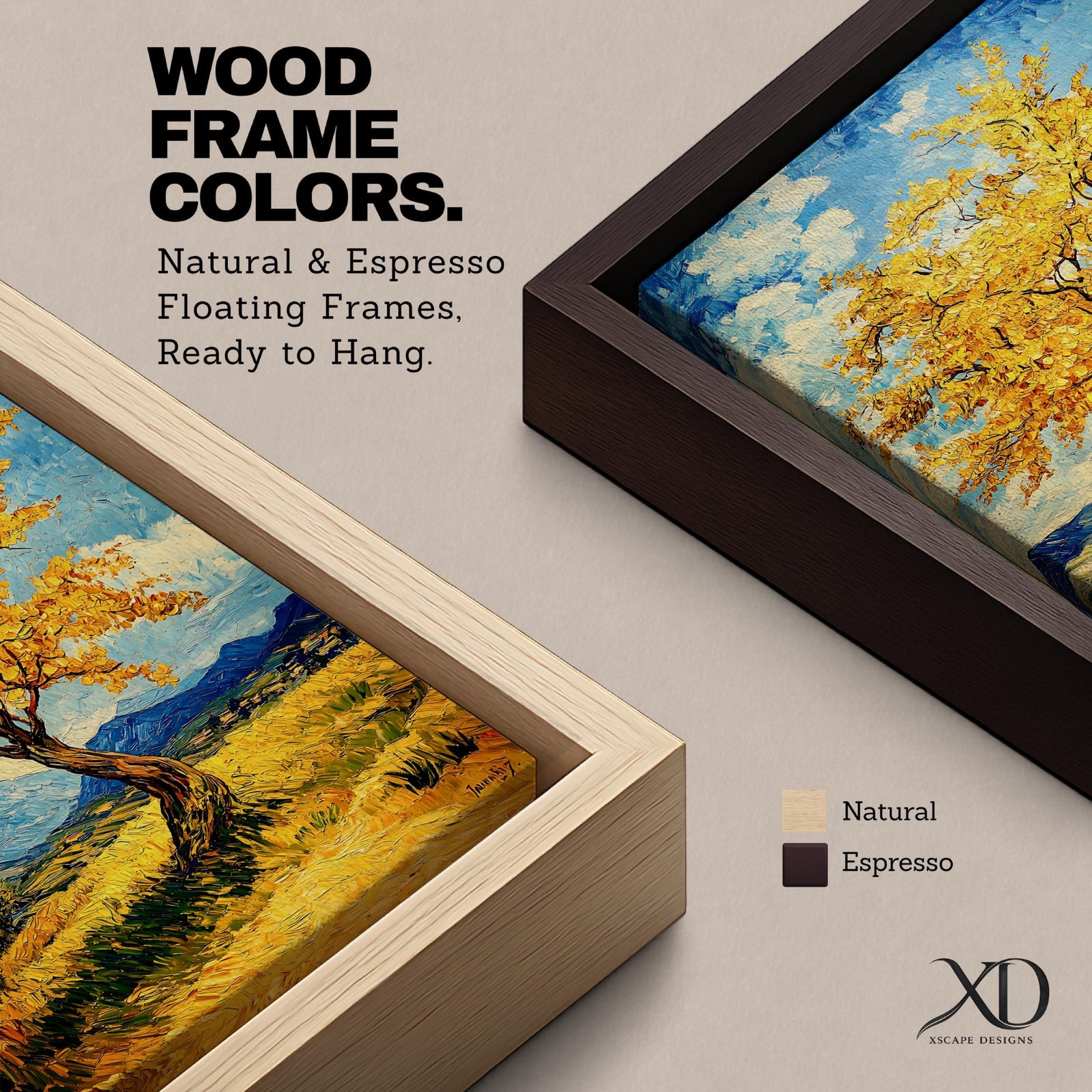 An impasto style painting of a golden tree with vibrant yellow leaves standing alone in a rustic landscape with rolling hills and distant mountains under a partly cloudy blue sky. The textured brushstrokes create a rich, tactile effect emphasizing the natural beauty of the tree and countryside.