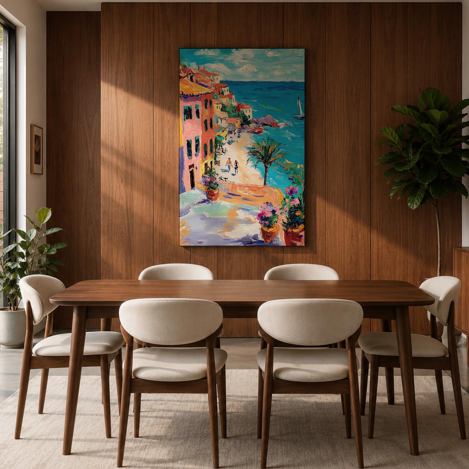 An impasto style painting depicting a vibrant Mediterranean coastal village with colorful buildings along a seaside cliff, a sandy beach with figures walking, a palm tree, and a sailboat on the blue sea under a partly cloudy sky.