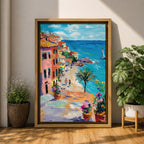 An impasto style painting depicting a vibrant Mediterranean coastal village with colorful buildings along a seaside cliff, a sandy beach with figures walking, a palm tree, and a sailboat on the blue sea under a partly cloudy sky.