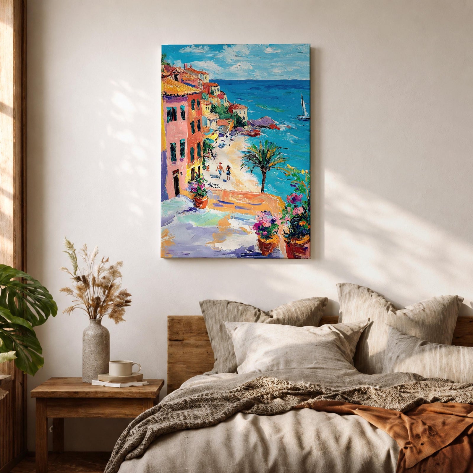 An impasto style painting depicting a vibrant Mediterranean coastal village with colorful buildings along a seaside cliff, a sandy beach with figures walking, a palm tree, and a sailboat on the blue sea under a partly cloudy sky.