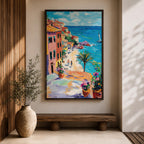 An impasto style painting depicting a vibrant Mediterranean coastal village with colorful buildings along a seaside cliff, a sandy beach with figures walking, a palm tree, and a sailboat on the blue sea under a partly cloudy sky.