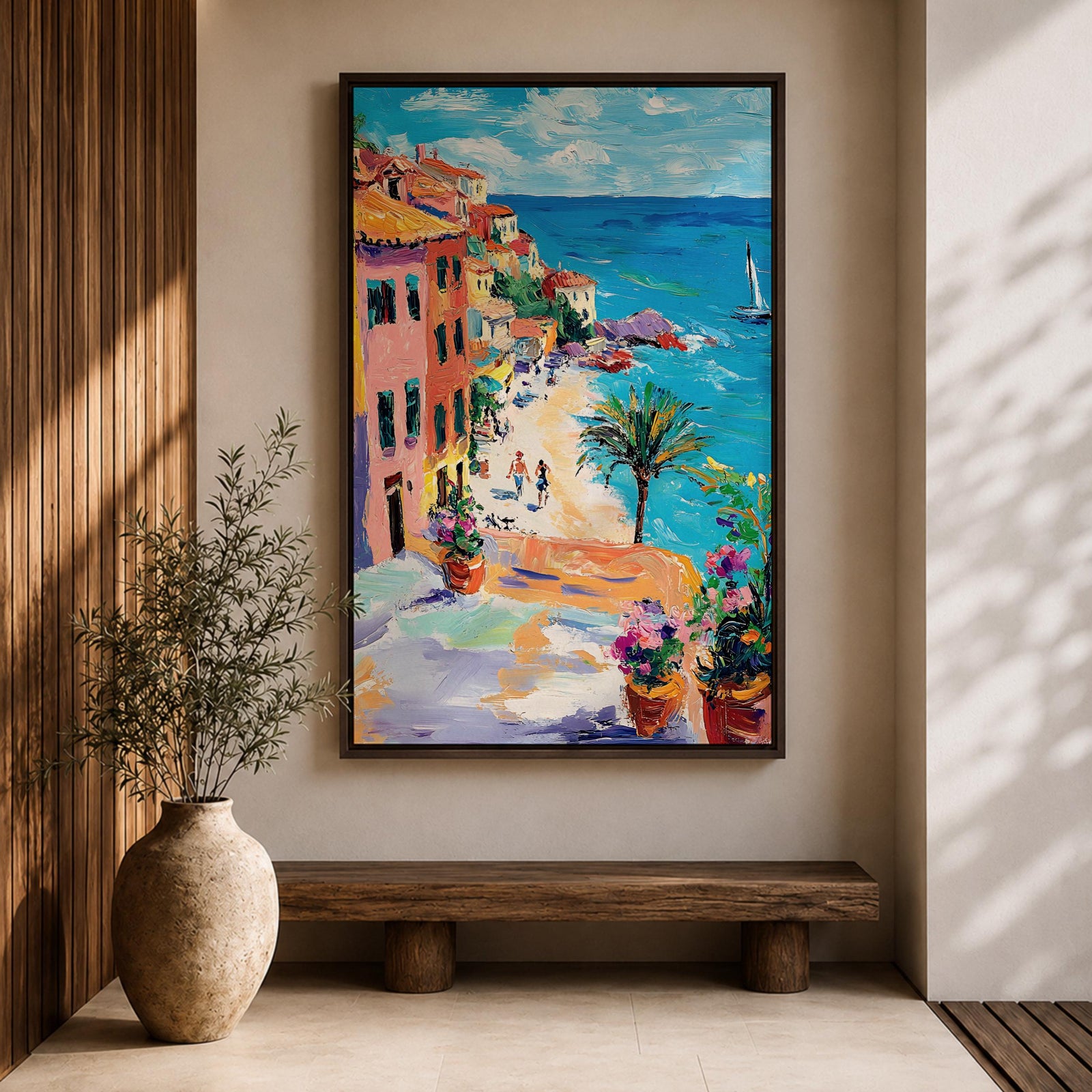 An impasto style painting depicting a vibrant Mediterranean coastal village with colorful buildings along a seaside cliff, a sandy beach with figures walking, a palm tree, and a sailboat on the blue sea under a partly cloudy sky.