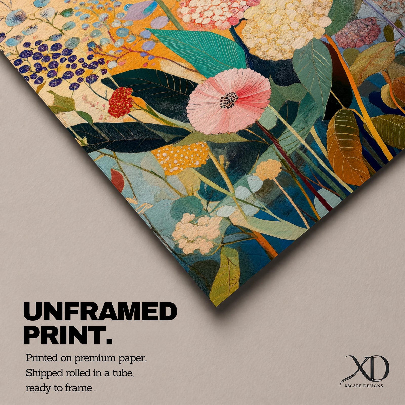 A vibrant floral bouquet painting featuring a variety of flowers including hydrangeas and leaves in a naturalistic style with detailed petals and stems, arranged in a colorful composition on a neutral background, capturing the essence of a botanical garden.