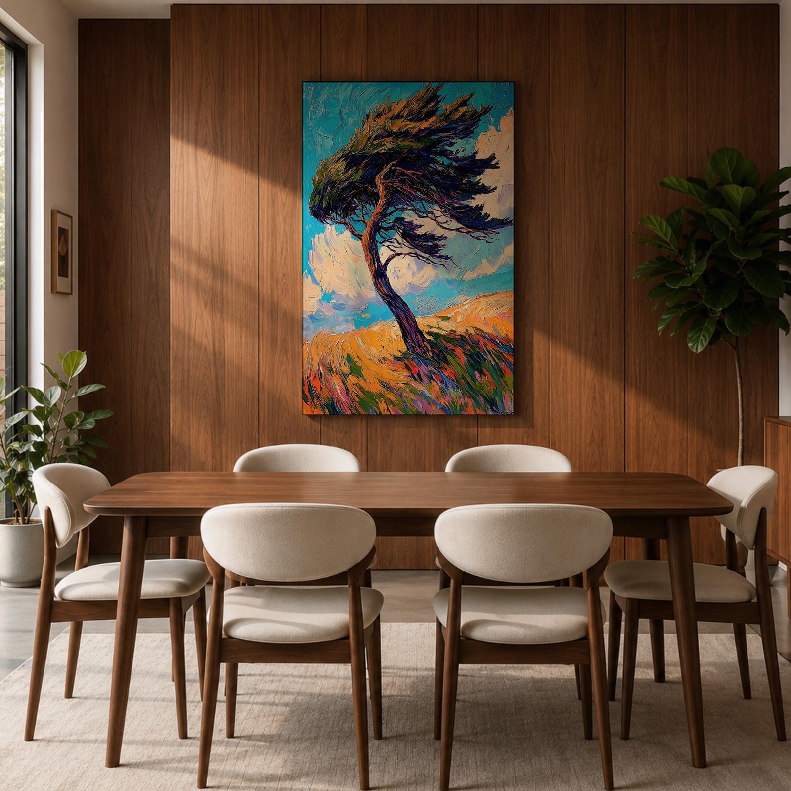 A vibrant impasto style painting of a solitary windy tree bending dramatically against a bright blue sky with swirling clouds and a textured golden landscape beneath, capturing dynamic movement and natural energy with thick, expressive brushstrokes.