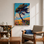 A vibrant impasto style painting of a solitary windy tree bending dramatically against a bright blue sky with swirling clouds and a textured golden landscape beneath, capturing dynamic movement and natural energy with thick, expressive brushstrokes.