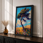 A vibrant impasto style painting of a solitary windy tree bending dramatically against a bright blue sky with swirling clouds and a textured golden landscape beneath, capturing dynamic movement and natural energy with thick, expressive brushstrokes.